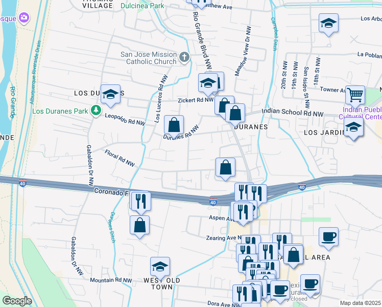 map of restaurants, bars, coffee shops, grocery stores, and more near 1218 Amado Street Northwest in Albuquerque
