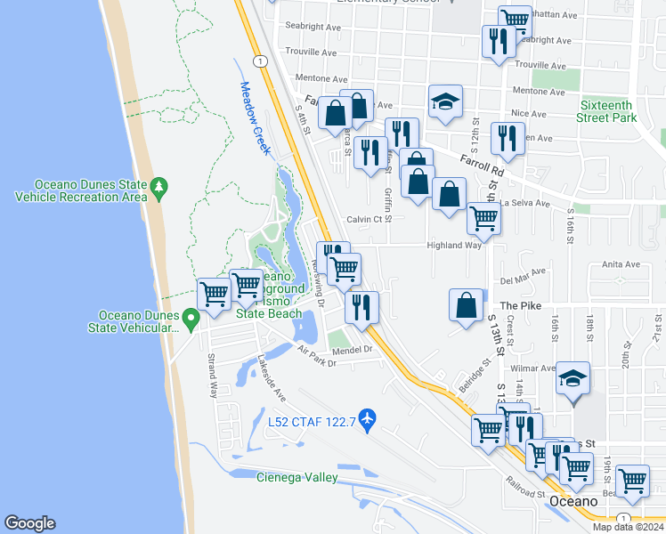 map of restaurants, bars, coffee shops, grocery stores, and more near 649 Pier Avenue in Oceano