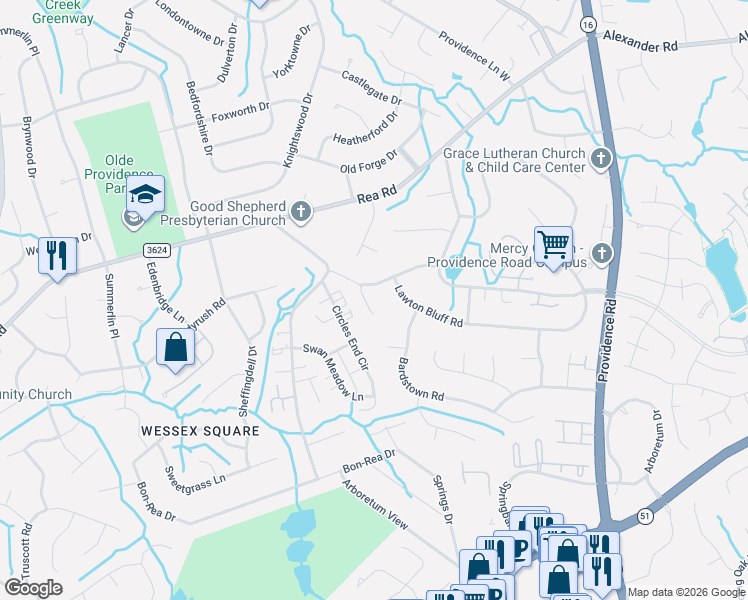 map of restaurants, bars, coffee shops, grocery stores, and more near 2000 Glouchester Circle in Charlotte