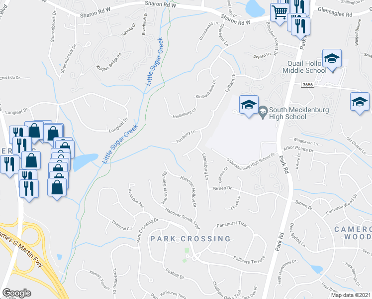 map of restaurants, bars, coffee shops, grocery stores, and more near 2310 Oldenburg Drive in Charlotte
