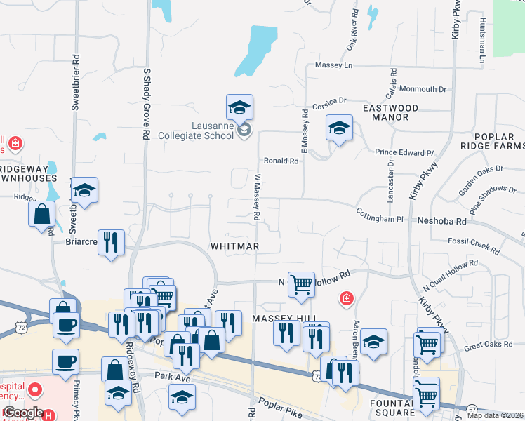 map of restaurants, bars, coffee shops, grocery stores, and more near 6359 Massey Manor Lane West in Memphis
