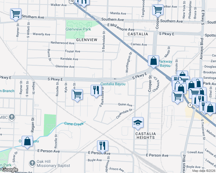 map of restaurants, bars, coffee shops, grocery stores, and more near 1911 South Parkway East in Memphis