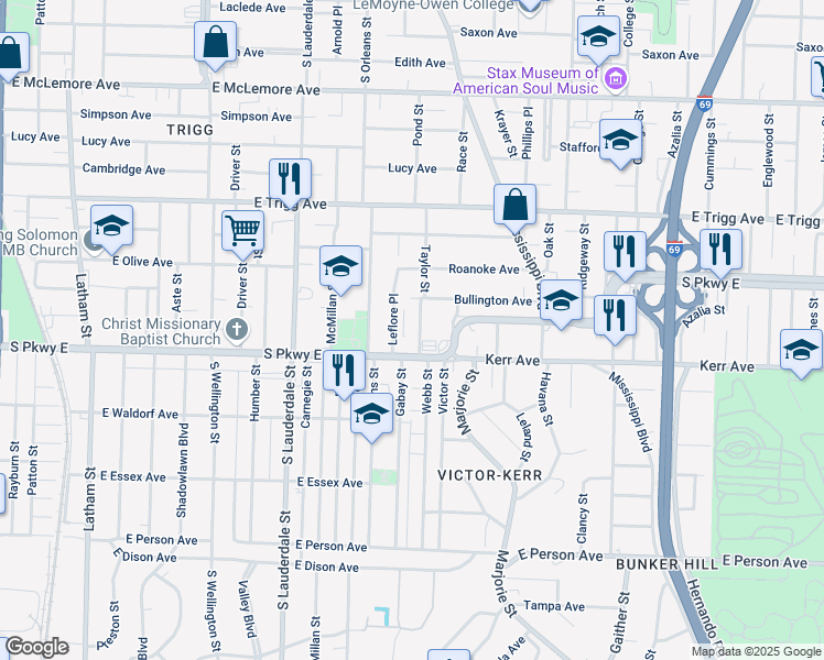 map of restaurants, bars, coffee shops, grocery stores, and more near 704 South Parkway East in Memphis