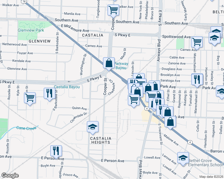 map of restaurants, bars, coffee shops, grocery stores, and more near 1382 Chadwick Circle in Memphis