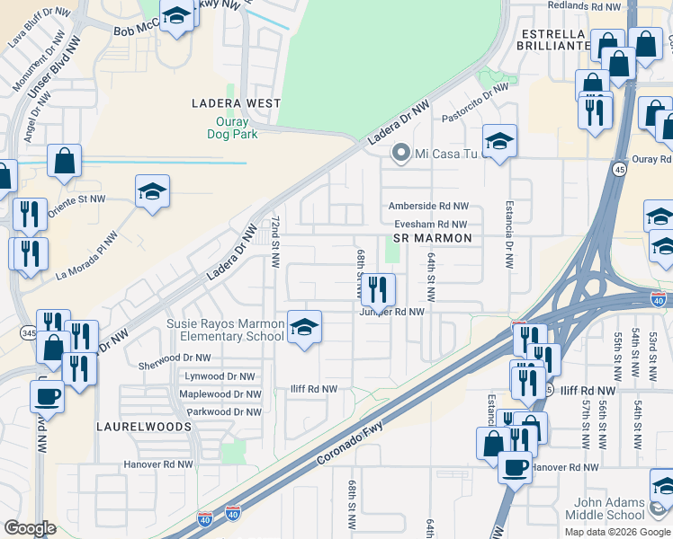 map of restaurants, bars, coffee shops, grocery stores, and more near 6908 Cayman Court Northwest in Albuquerque