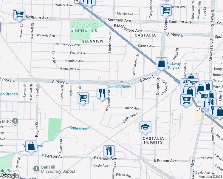 map of restaurants, bars, coffee shops, grocery stores, and more near 1911 South Parkway East in Memphis