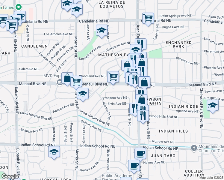 map of restaurants, bars, coffee shops, grocery stores, and more near 10812 Towner Avenue Northeast in Albuquerque