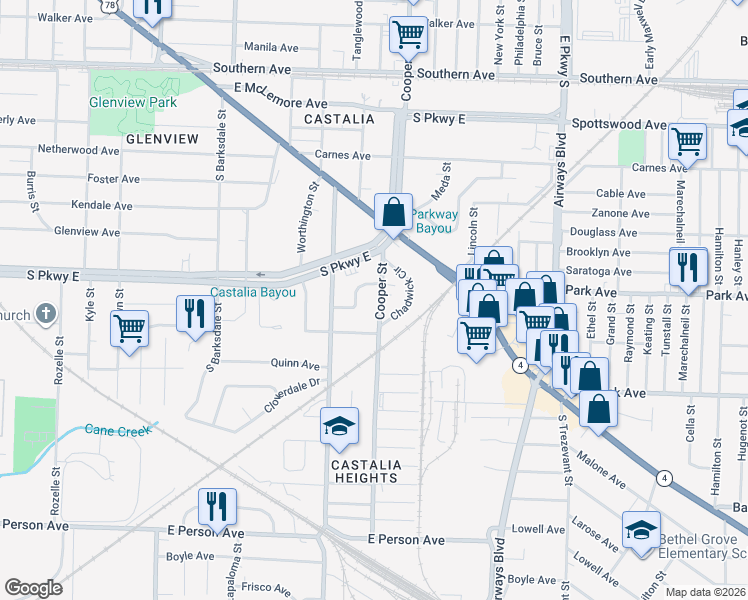 map of restaurants, bars, coffee shops, grocery stores, and more near 1397 Cooper Street in Memphis