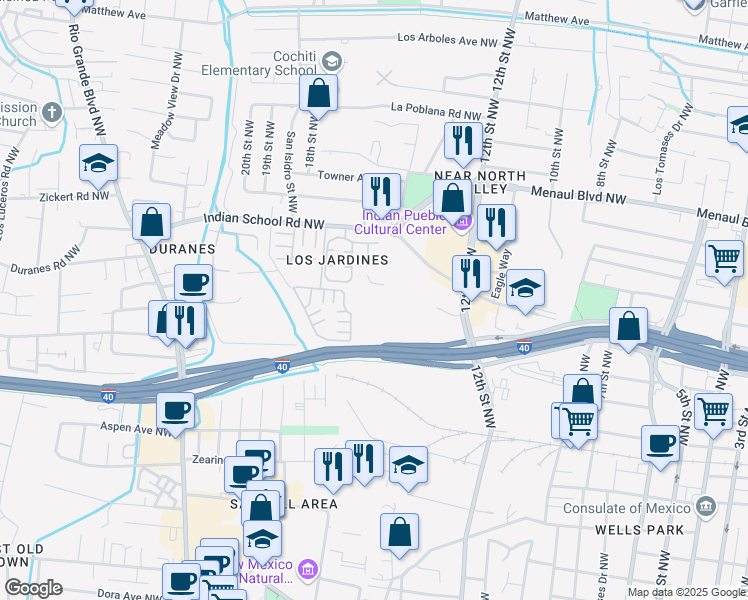 map of restaurants, bars, coffee shops, grocery stores, and more near 1500 Indian School Road Northwest in Albuquerque