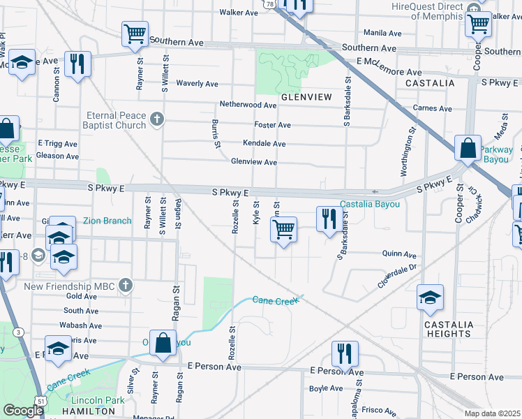 map of restaurants, bars, coffee shops, grocery stores, and more near 1388 Kyle Street in Memphis