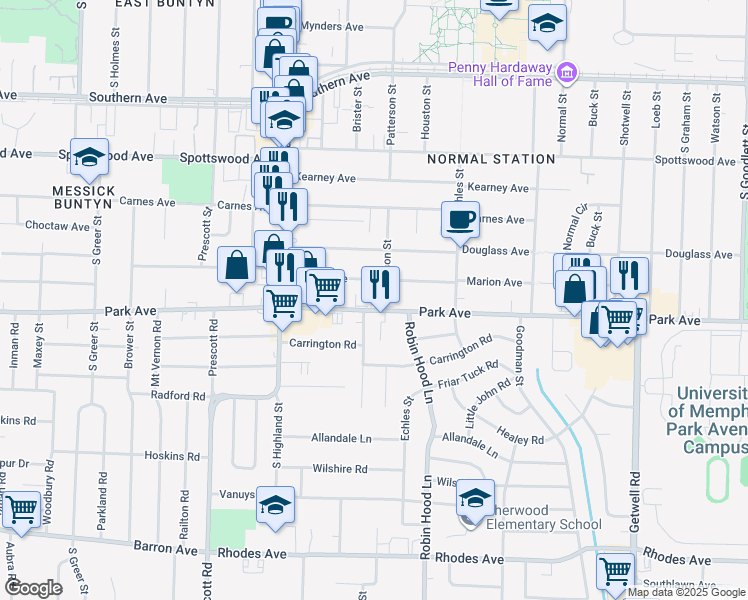 map of restaurants, bars, coffee shops, grocery stores, and more near 3635 Park Avenue in Memphis