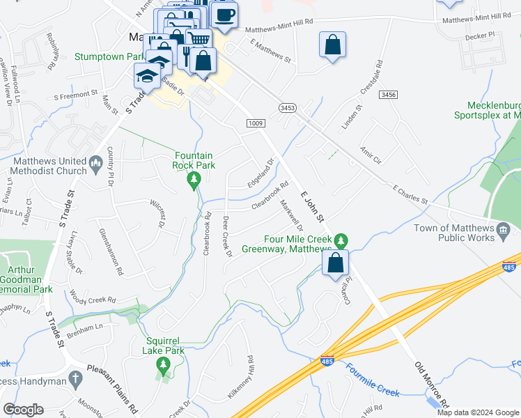 map of restaurants, bars, coffee shops, grocery stores, and more near 225 Clearbrook Road in Matthews