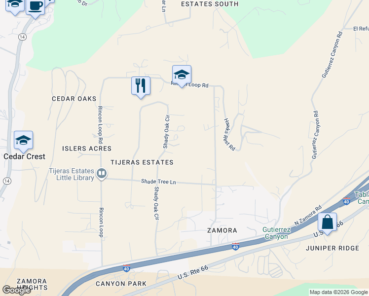 map of restaurants, bars, coffee shops, grocery stores, and more near 50 Shady Oak Circle in Tijeras