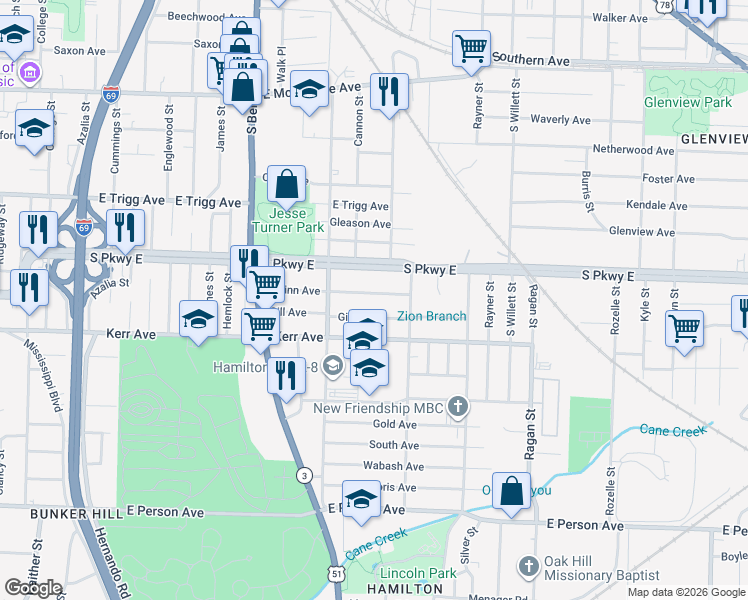 map of restaurants, bars, coffee shops, grocery stores, and more near 1379 Gill Avenue in Memphis