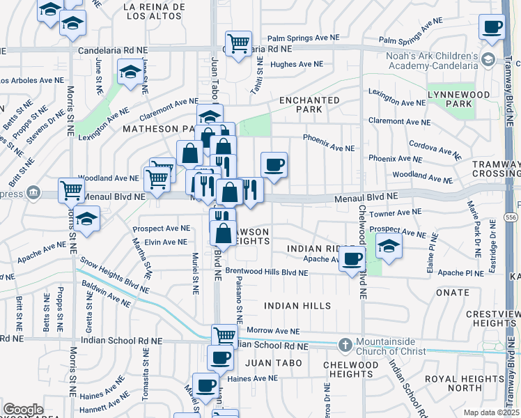 map of restaurants, bars, coffee shops, grocery stores, and more near 11500 Menaul Boulevard Northeast in Albuquerque