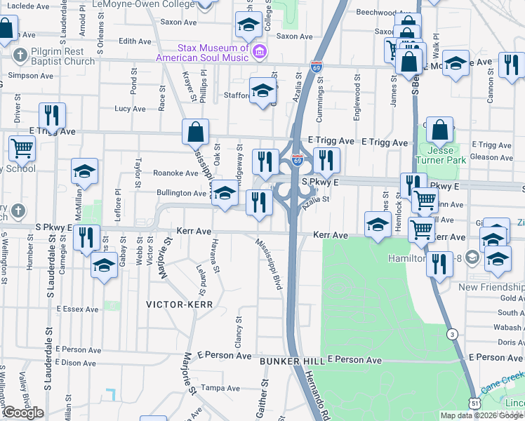 map of restaurants, bars, coffee shops, grocery stores, and more near 1408 Gaither Parkway in Memphis