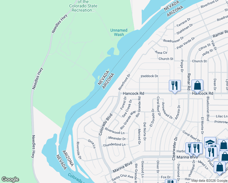 map of restaurants, bars, coffee shops, grocery stores, and more near 201 Riverfront Drive in Bullhead City