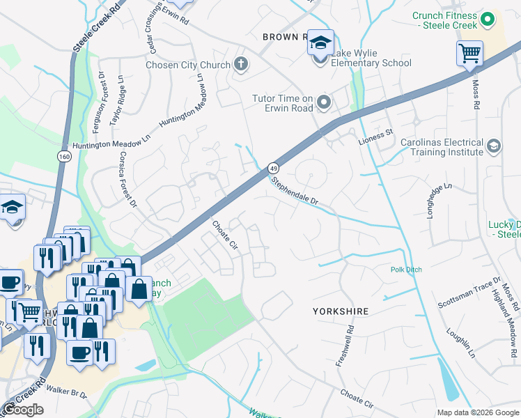 map of restaurants, bars, coffee shops, grocery stores, and more near 13307 Windgrove Drive in Charlotte
