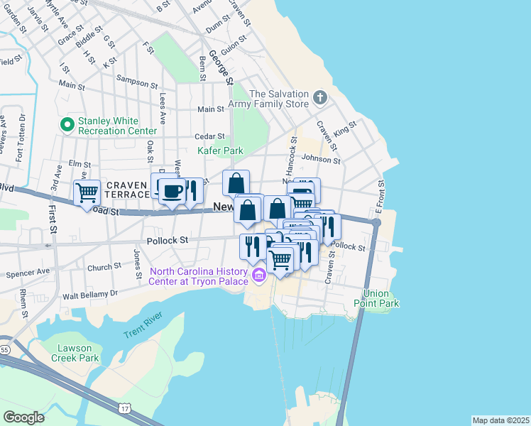 map of restaurants, bars, coffee shops, grocery stores, and more near 513 Broad Street in New Bern
