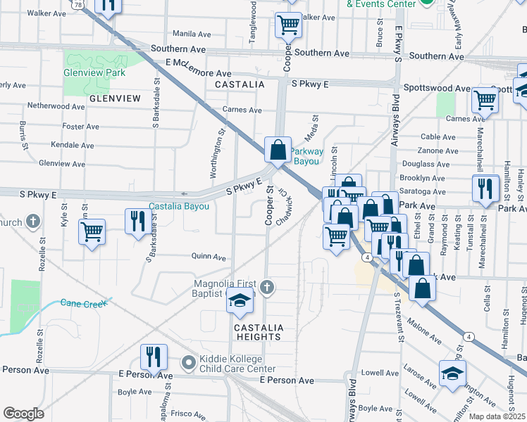 map of restaurants, bars, coffee shops, grocery stores, and more near 1397 Cooper Street in Memphis