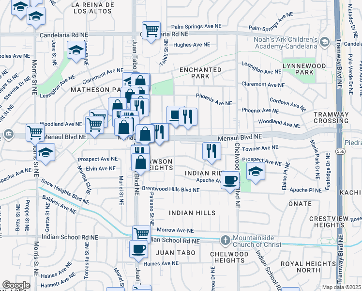 map of restaurants, bars, coffee shops, grocery stores, and more near 2300 Algodones Street Northeast in Albuquerque