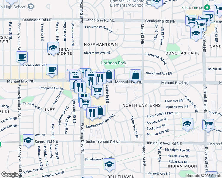 map of restaurants, bars, coffee shops, grocery stores, and more near 2216 Lester Drive Northeast in Albuquerque