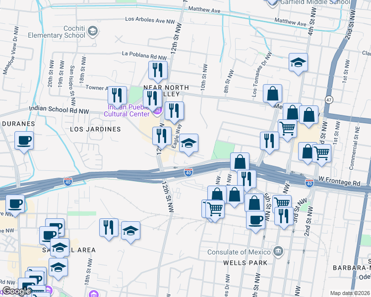map of restaurants, bars, coffee shops, grocery stores, and more near 916-1000 Indian School Road Northwest in Albuquerque