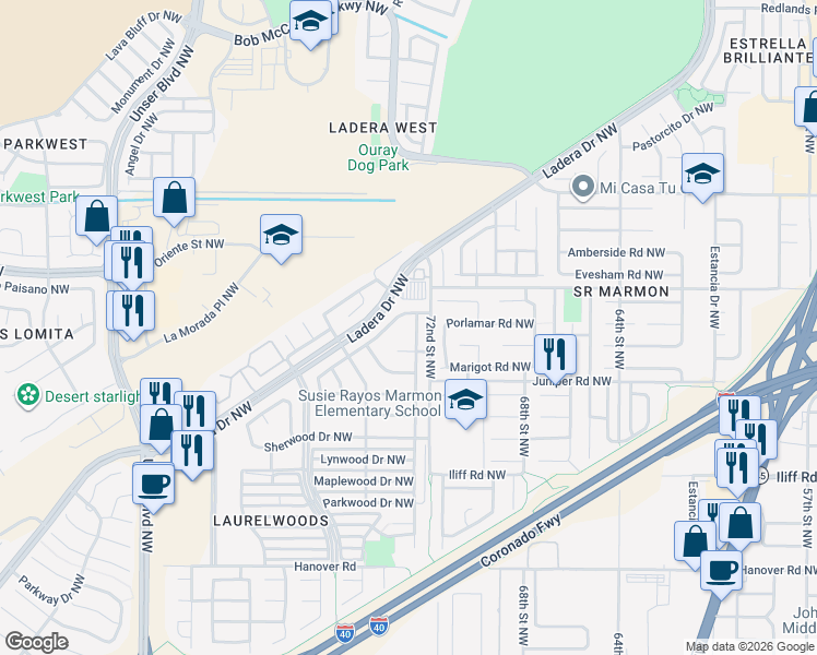 map of restaurants, bars, coffee shops, grocery stores, and more near 2100 Rosewood Avenue Northwest in Albuquerque