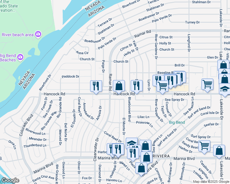 map of restaurants, bars, coffee shops, grocery stores, and more near 1735-1765 Clearwater Drive in Bullhead City