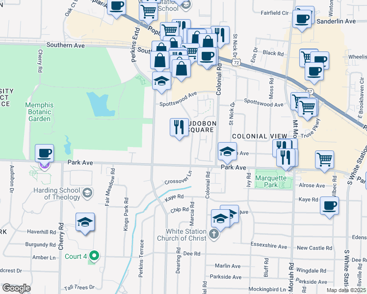 map of restaurants, bars, coffee shops, grocery stores, and more near 825 Crossover Lane in Memphis