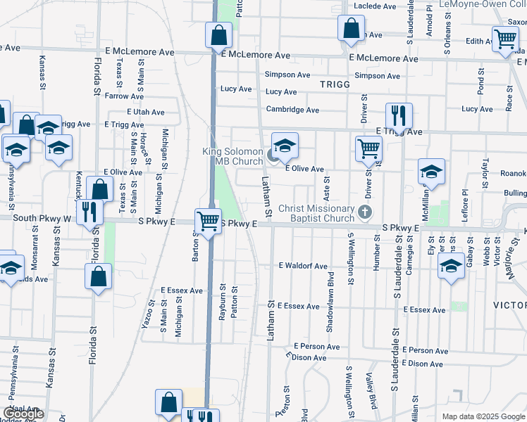 map of restaurants, bars, coffee shops, grocery stores, and more near 294 South Parkway East in Memphis