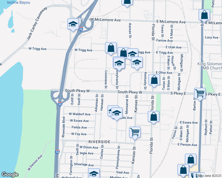 map of restaurants, bars, coffee shops, grocery stores, and more near 205 South Parkway West in Memphis
