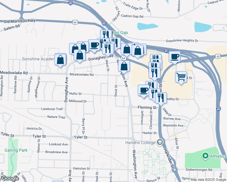map of restaurants, bars, coffee shops, grocery stores, and more near 1805 Hutto Street in Conway