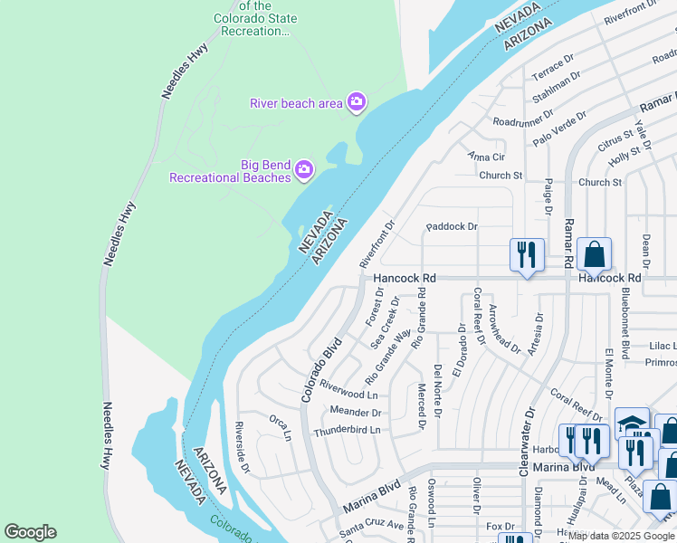 map of restaurants, bars, coffee shops, grocery stores, and more near 201 Riverfront Drive in Bullhead City