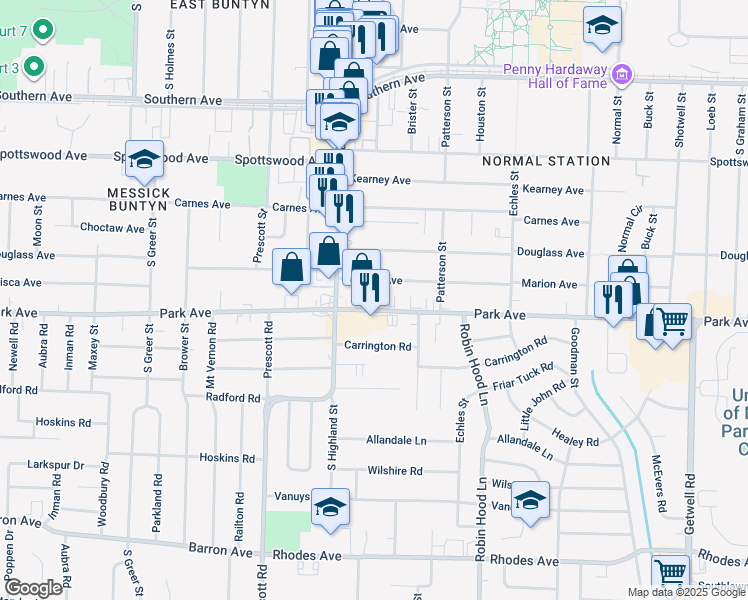 map of restaurants, bars, coffee shops, grocery stores, and more near 3545 Park Avenue in Memphis