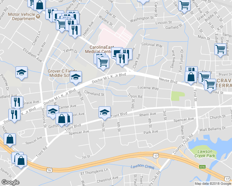 map of restaurants, bars, coffee shops, grocery stores, and more near 1811 Tryon Road in New Bern