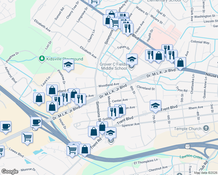 map of restaurants, bars, coffee shops, grocery stores, and more near 2111 Grace Avenue in New Bern