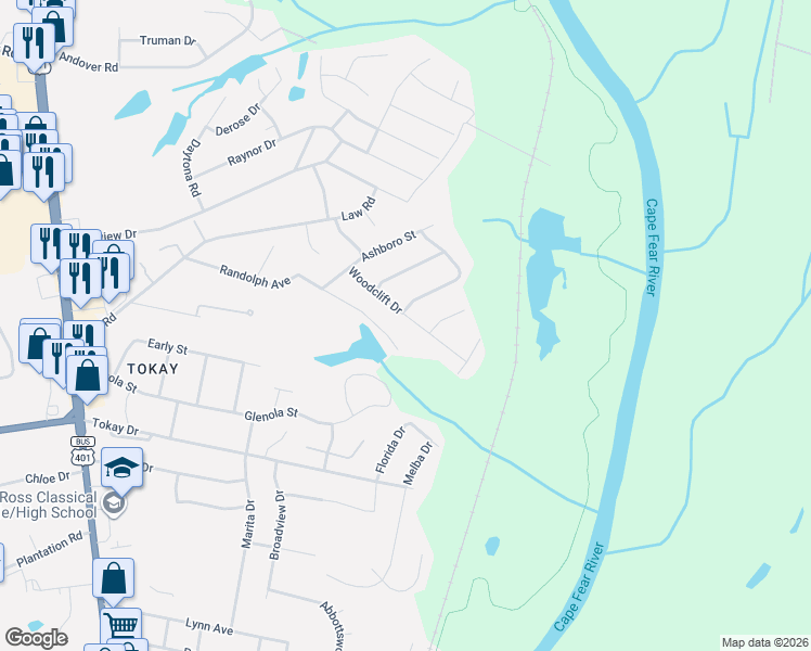 map of restaurants, bars, coffee shops, grocery stores, and more near 505 Randolph Avenue in Fayetteville