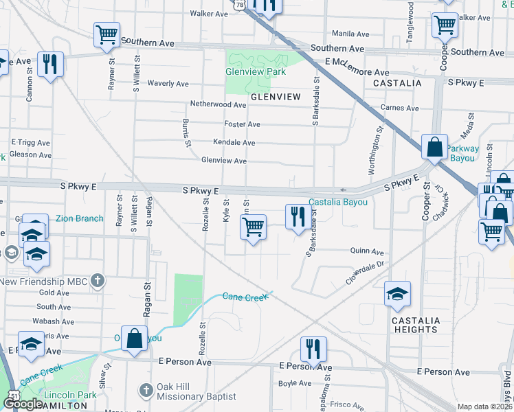 map of restaurants, bars, coffee shops, grocery stores, and more near 1780 Edmondson Avenue in Memphis