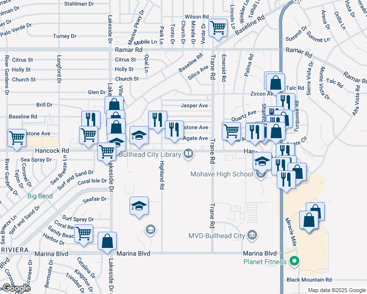 map of restaurants, bars, coffee shops, grocery stores, and more near 1175 Hancock Road in Bullhead City