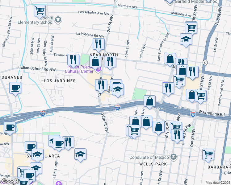 map of restaurants, bars, coffee shops, grocery stores, and more near 1011 Indian School Road Northwest in Albuquerque