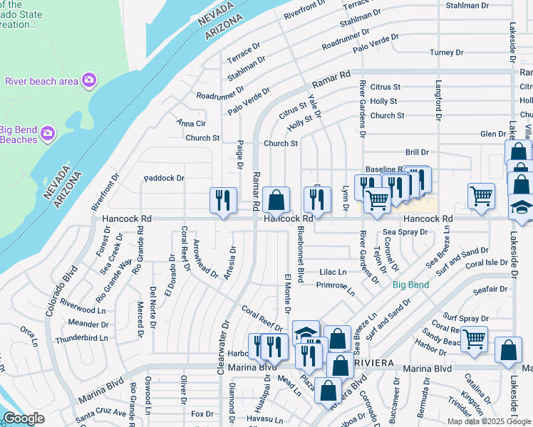 map of restaurants, bars, coffee shops, grocery stores, and more near 1735-1765 Clearwater Drive in Bullhead City