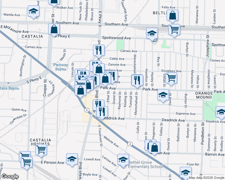 map of restaurants, bars, coffee shops, grocery stores, and more near 1029 Raymond Street in Memphis