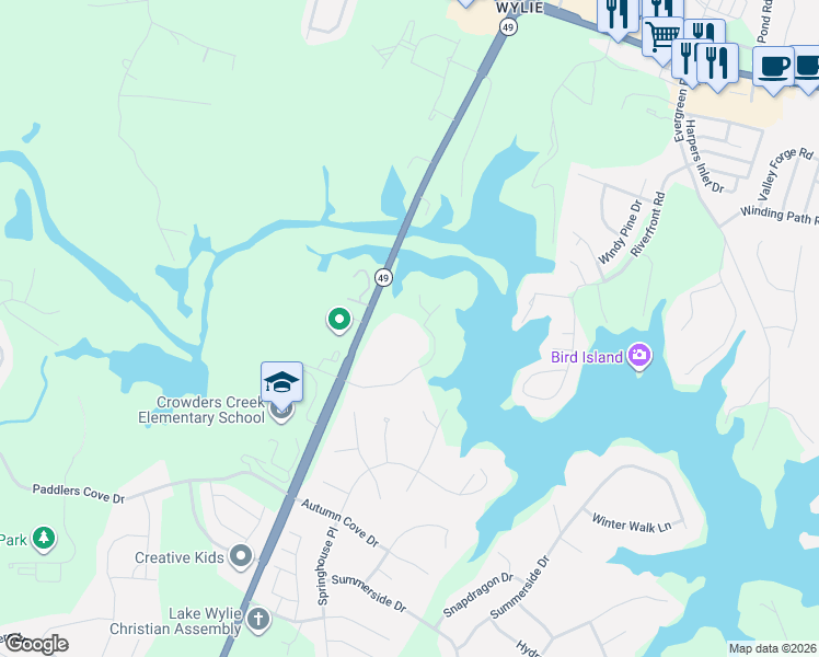 map of restaurants, bars, coffee shops, grocery stores, and more near 2090 Cutter Point Drive in Clover