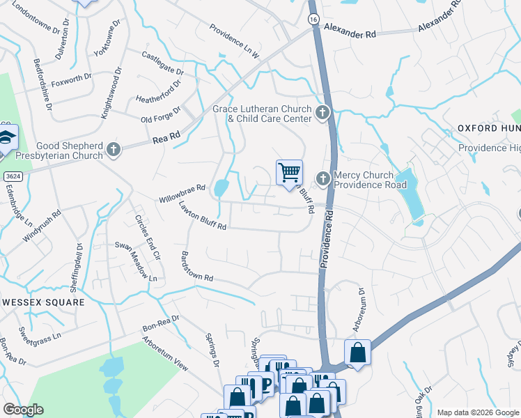 map of restaurants, bars, coffee shops, grocery stores, and more near 2001 Lawton Bluff Road in Charlotte
