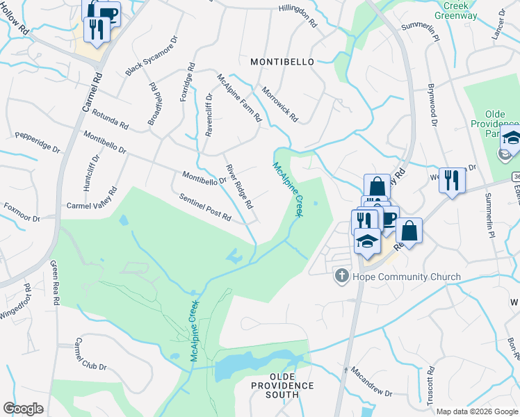 map of restaurants, bars, coffee shops, grocery stores, and more near 4019 River Ridge Road in Charlotte