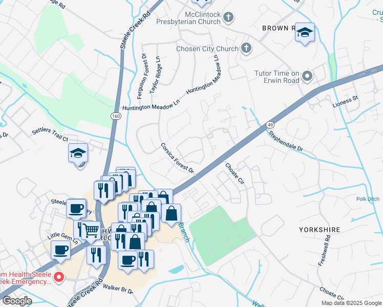 map of restaurants, bars, coffee shops, grocery stores, and more near 12400 Toscana Way in Charlotte