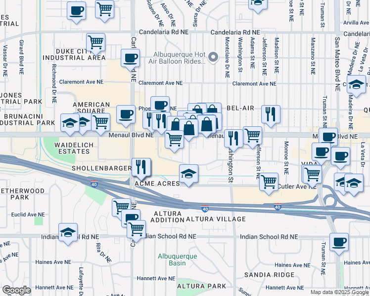 map of restaurants, bars, coffee shops, grocery stores, and more near 4004 Menaul Boulevard Northeast in Albuquerque