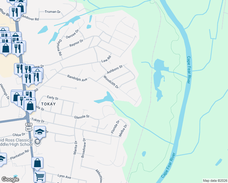 map of restaurants, bars, coffee shops, grocery stores, and more near 420 Woodclift Drive in Fayetteville