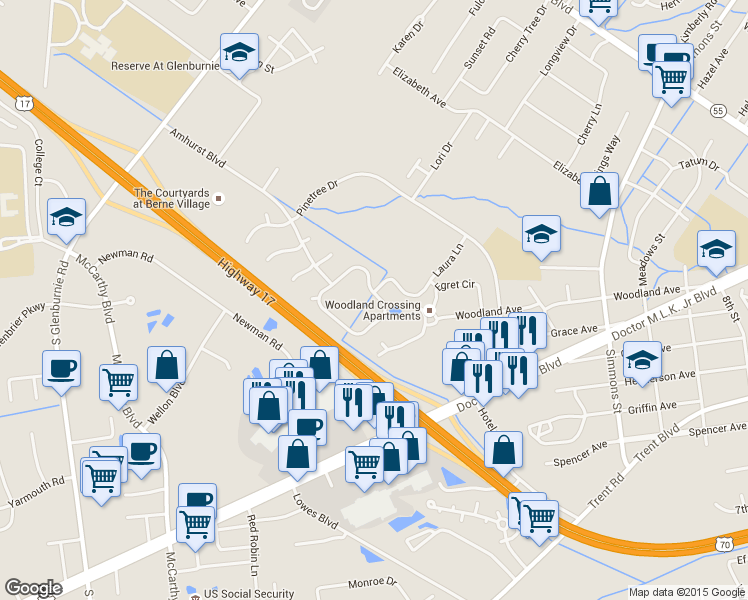 map of restaurants, bars, coffee shops, grocery stores, and more near 203 Monterey Circle in New Bern